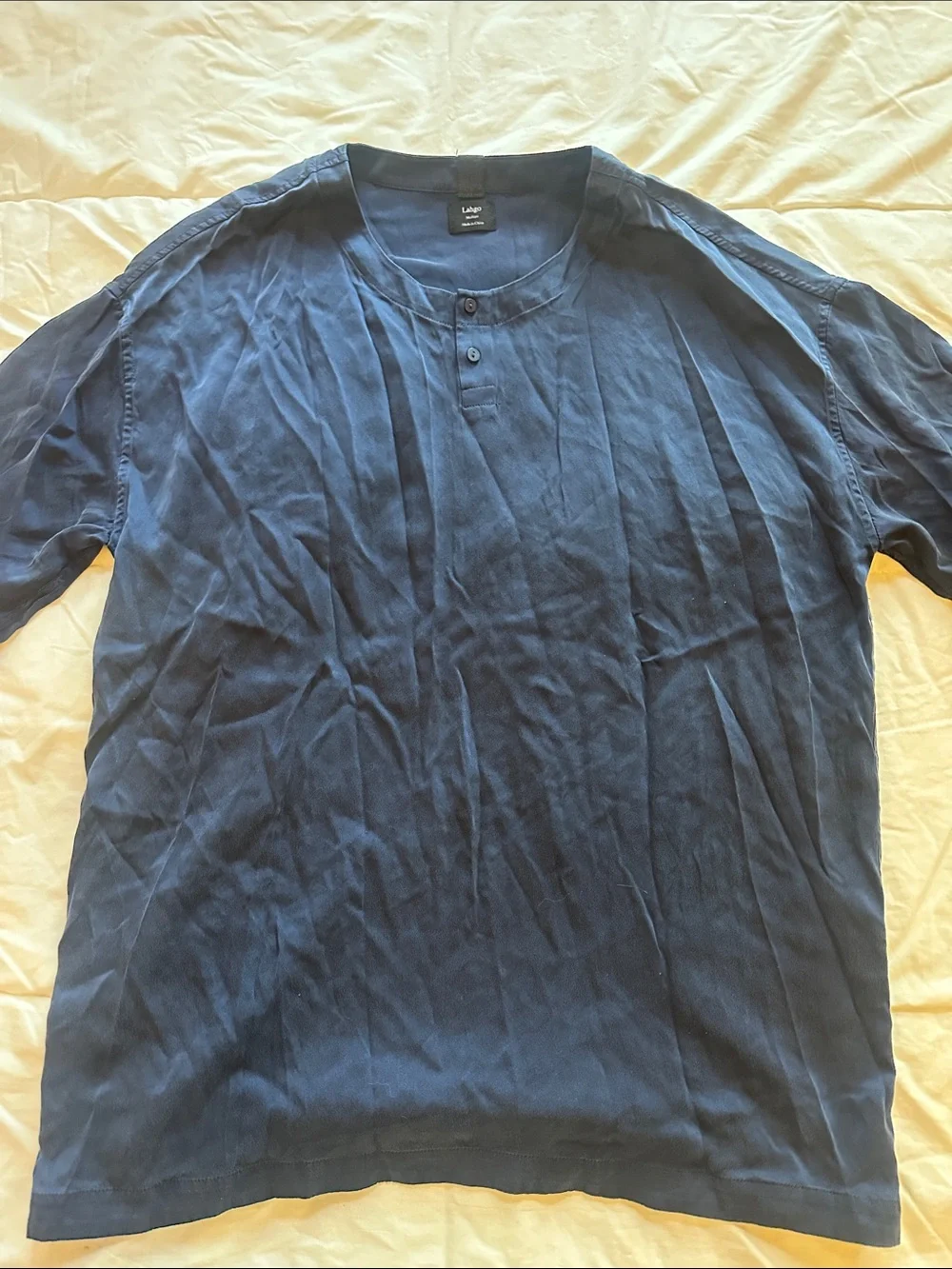 Lahgo Lunya Navy Blue Men's Henley Top  Silk Pajamas Set